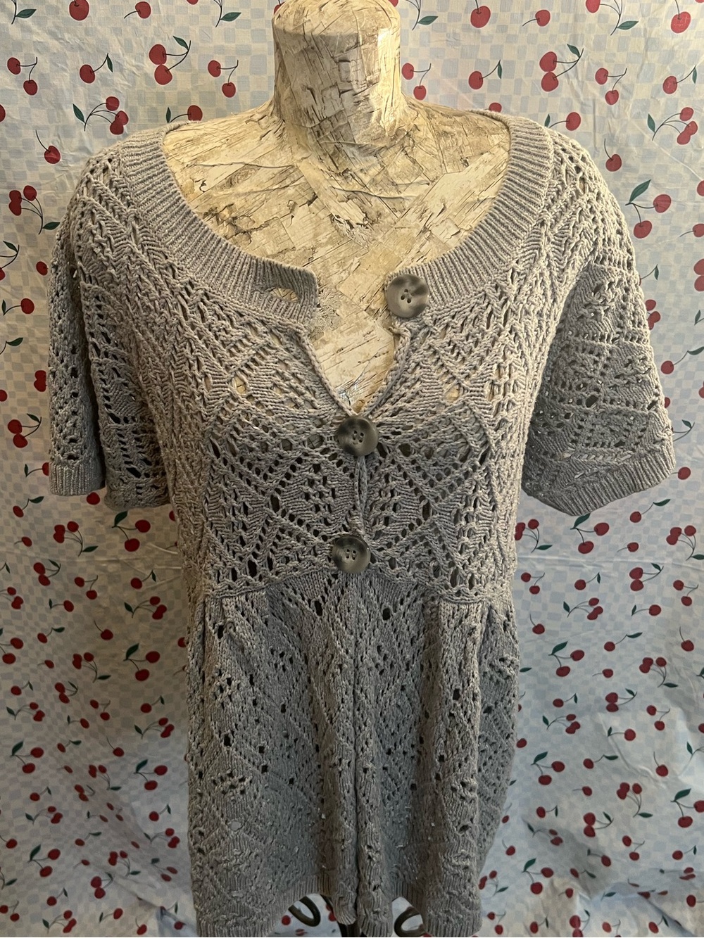 1X Style Co. Knit Lace Short-Sleeve Button Front Dress in Light Gray